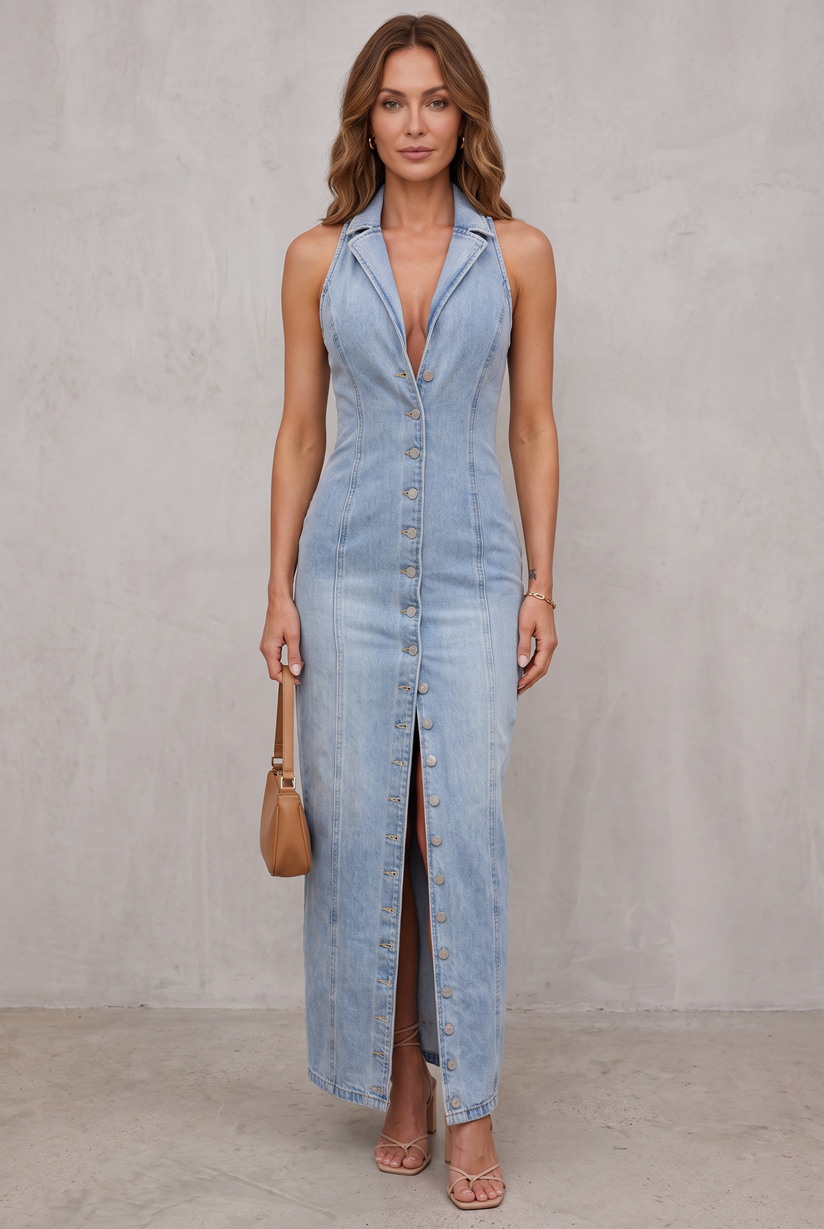 Lacey - Mid Wash Denim Maxi Dress