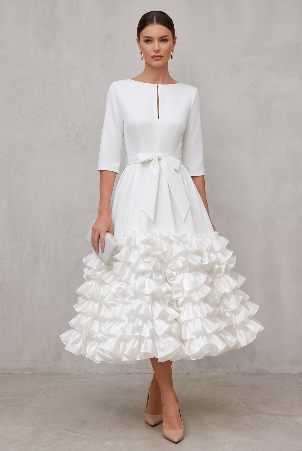 Belted Ruffled-Hem Midi Dress