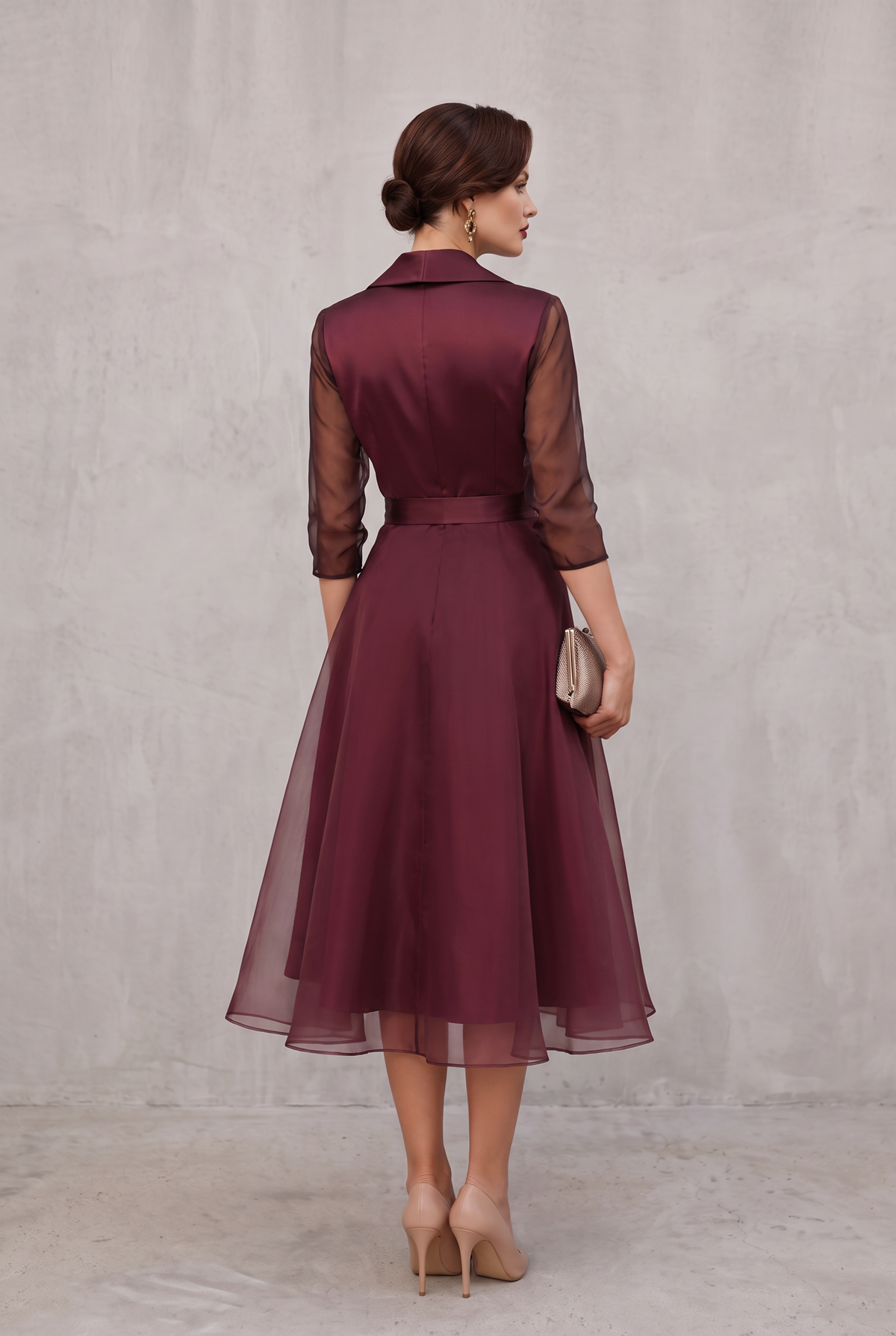 Sheer Sleeve Wrap Dress in Burgundy with Layered Hem