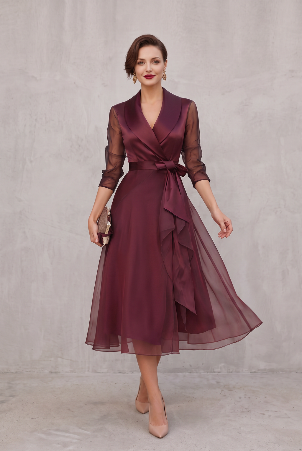 Sheer Sleeve Wrap Dress in Burgundy with Layered Hem