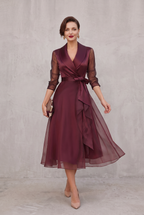 Sheer Sleeve Wrap Dress in Burgundy with Layered Hem