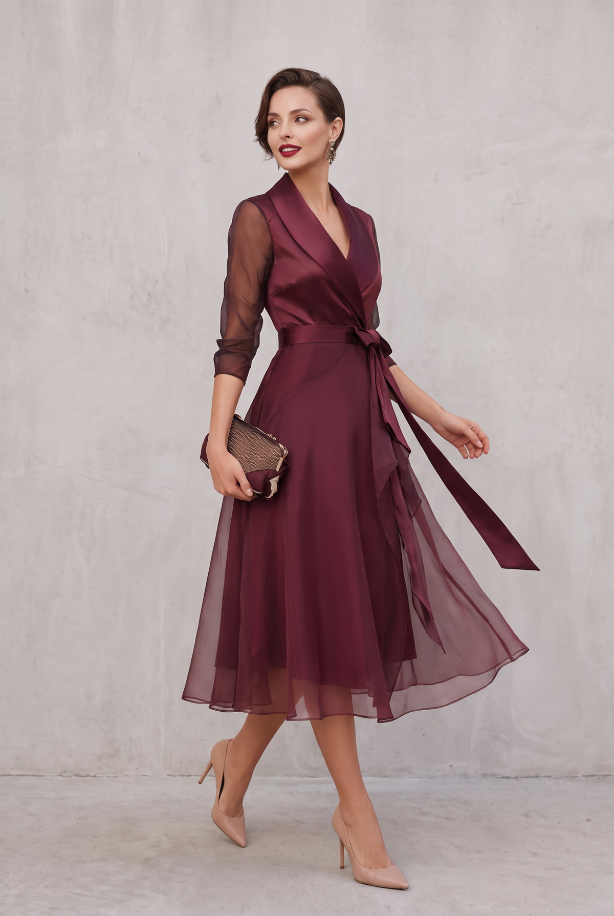 Fitted Waist Midi Wrap Dress in Deep Burgundy