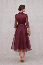 Fitted Waist Midi Wrap Dress in Deep Burgundy