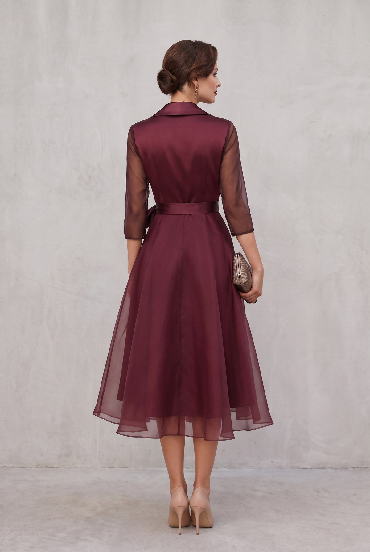 Fitted Waist Midi Wrap Dress in Deep Burgundy