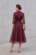 Belted Layered Midi Dress in Burgundy with Collar Detail