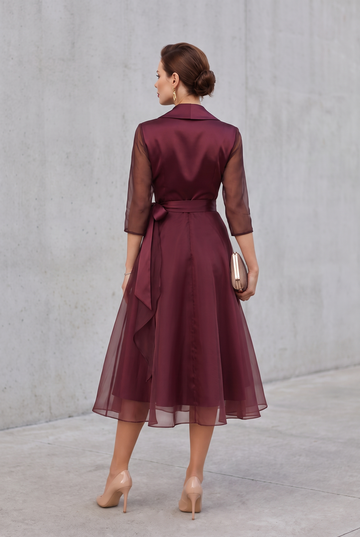 Belted Layered Midi Dress in Burgundy with Collar Detail