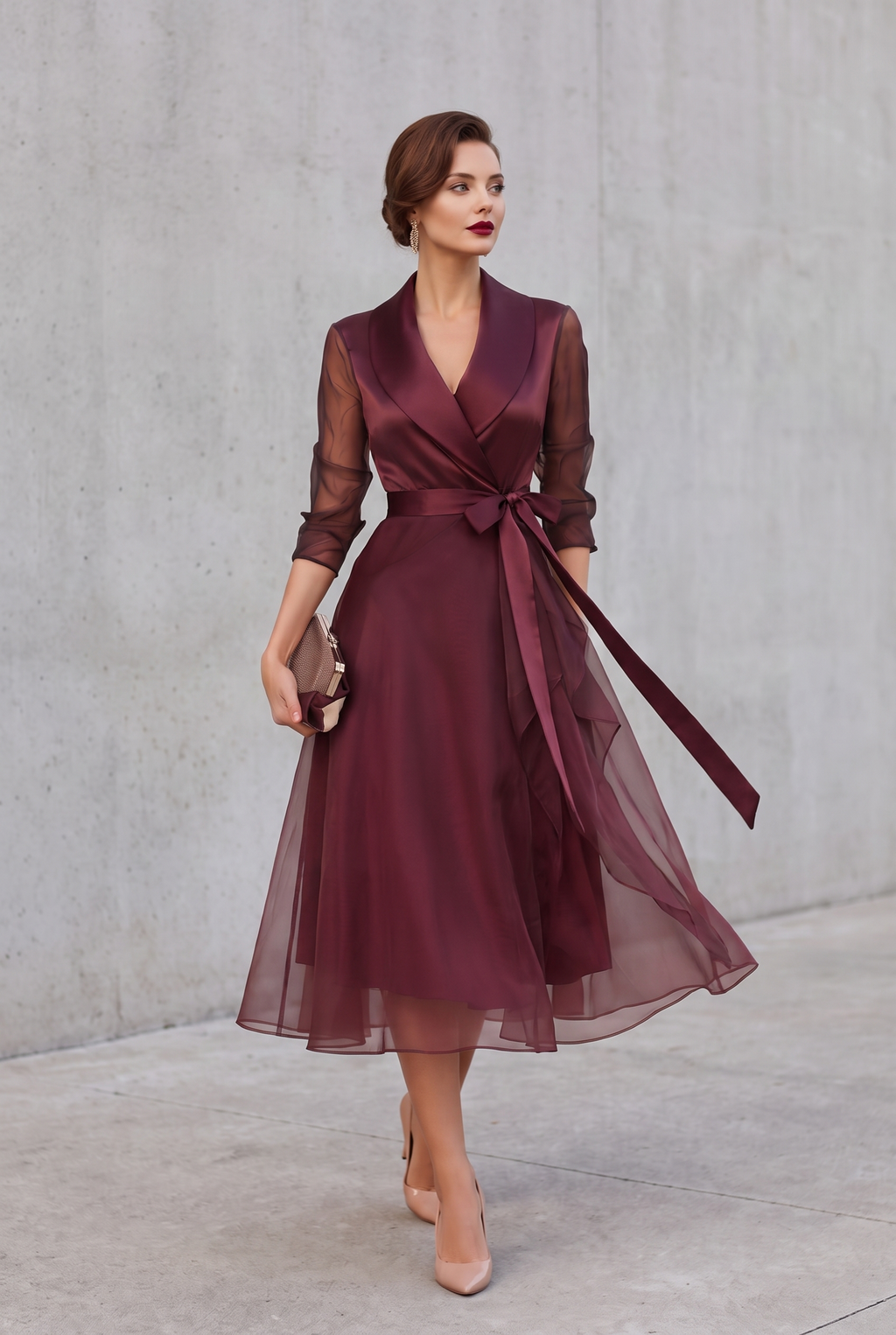 Belted Layered Midi Dress in Burgundy with Collar Detail
