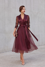Belted Layered Midi Dress in Burgundy with Collar Detail