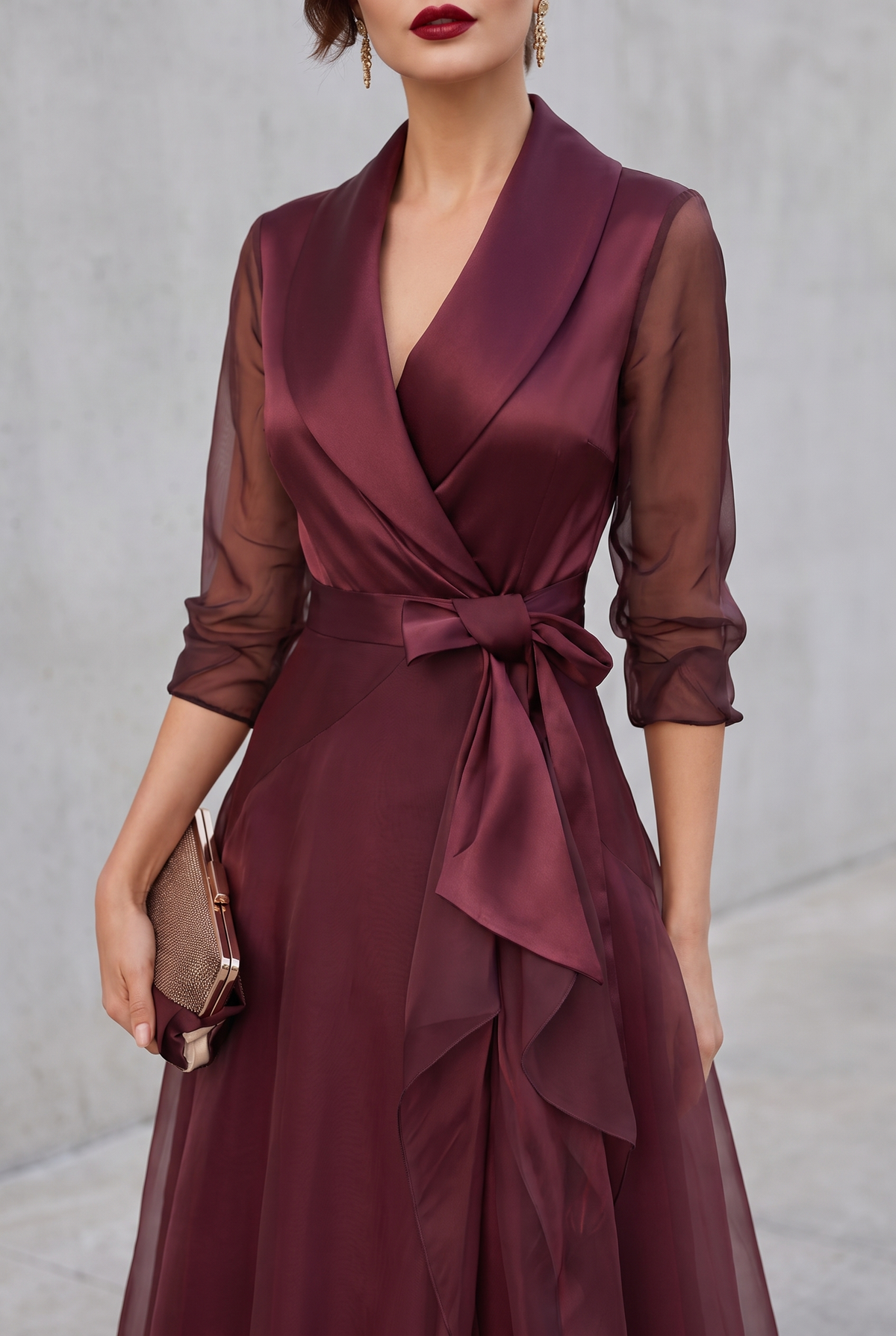 Belted Layered Midi Dress in Burgundy with Collar Detail