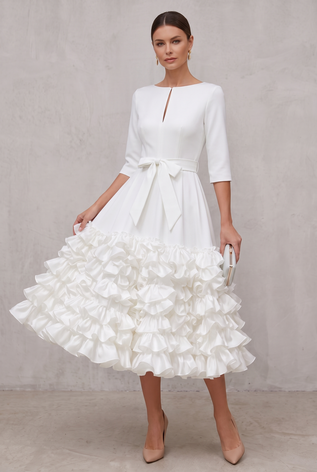 Belted Ruffled-Hem Midi Dress