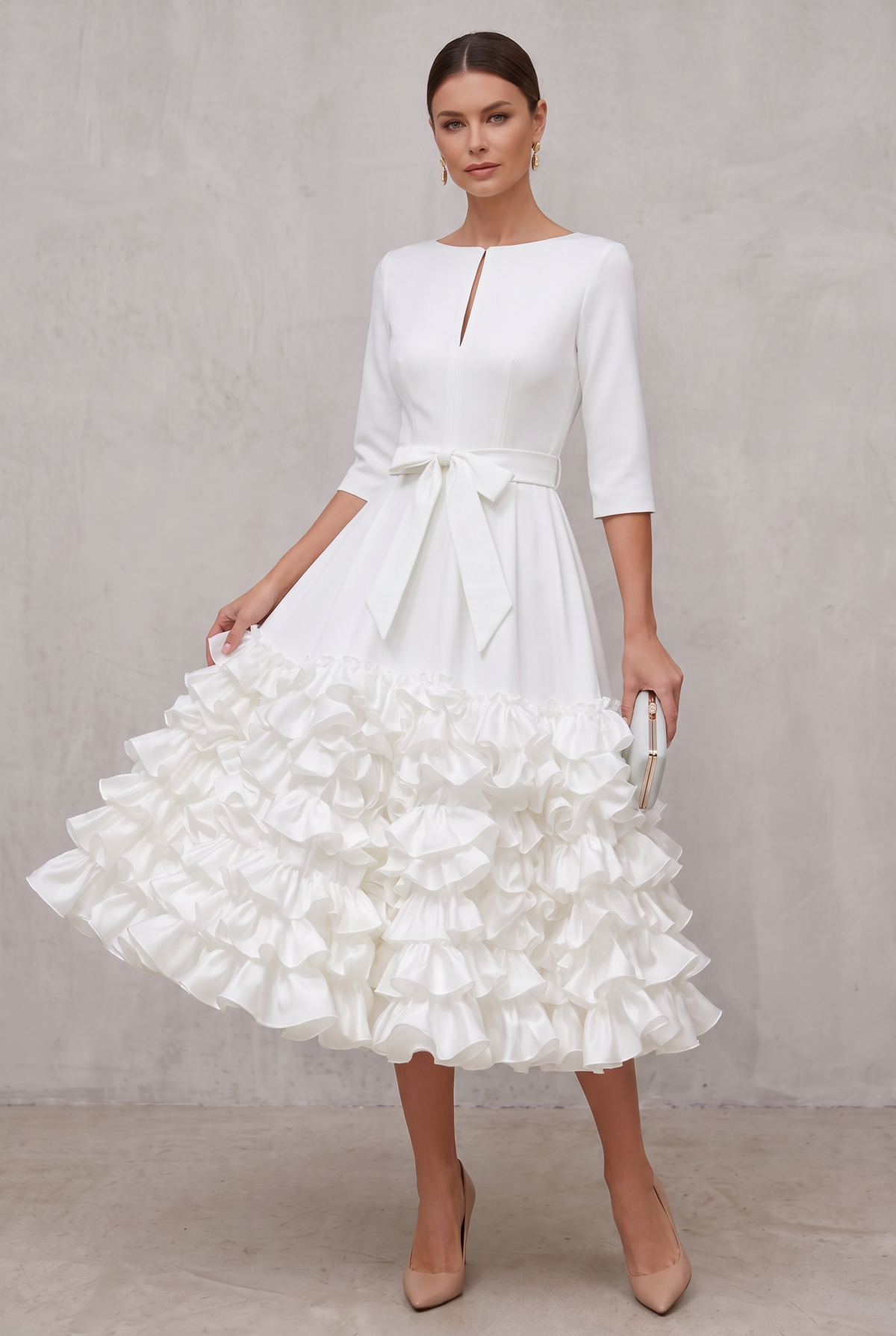 Belted Ruffled-Hem Midi Dress