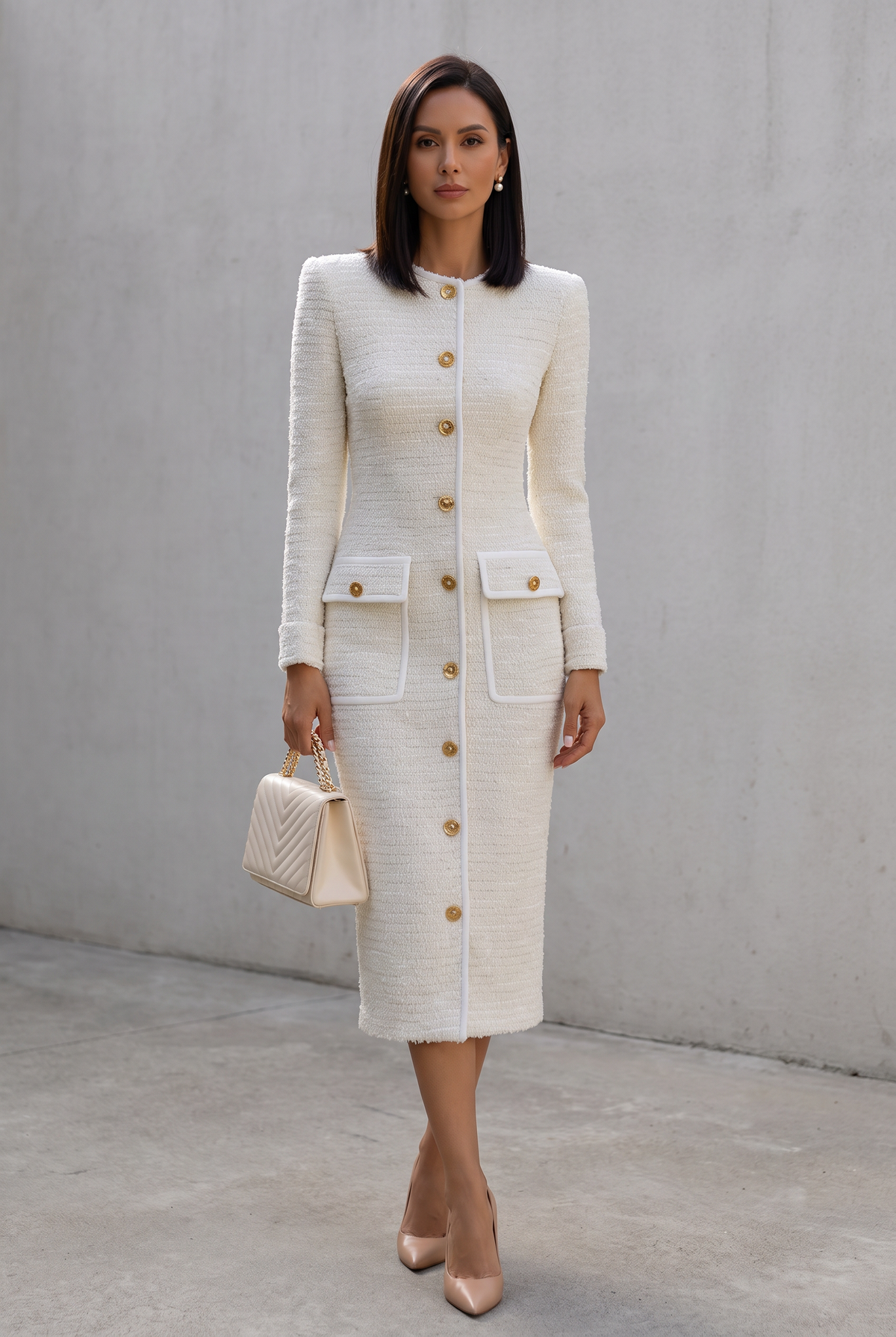 Ivory Tweed Button-Down With Patch Pockets - Midi Dress