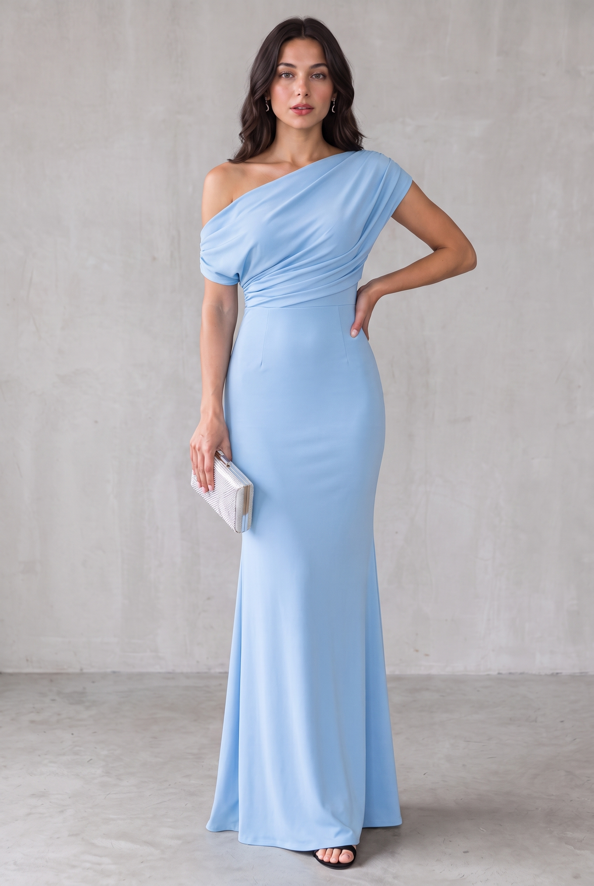 One-Shoulder Maxi Party Dress For Women - Light Blue