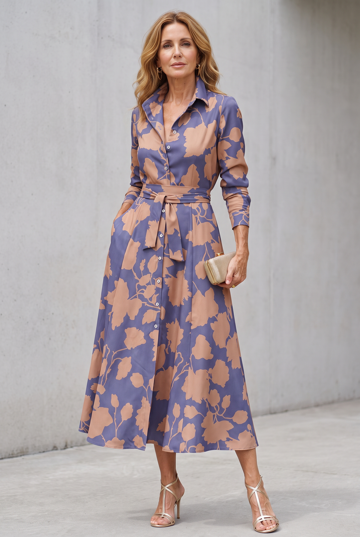 Samaria Midi Dress with Buttons and Floral Collar