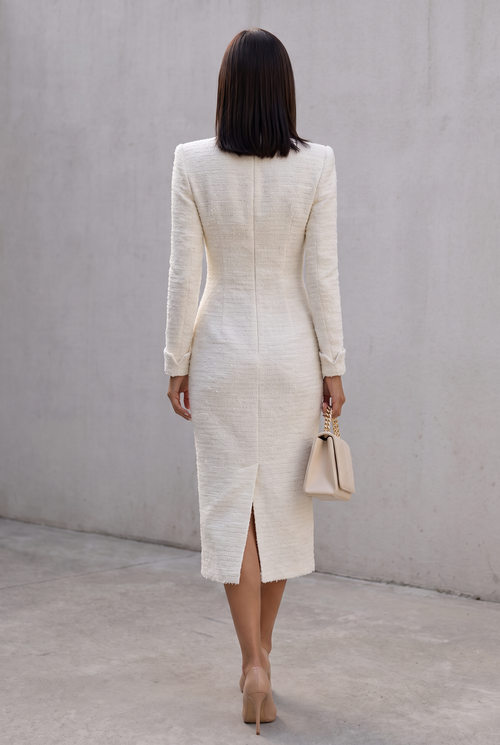 Ivory Tweed Button-Down With Patch Pockets - Midi Dress