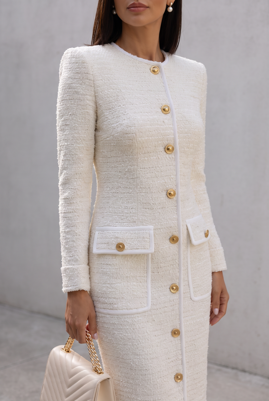 Ivory Tweed Button-Down With Patch Pockets - Midi Dress