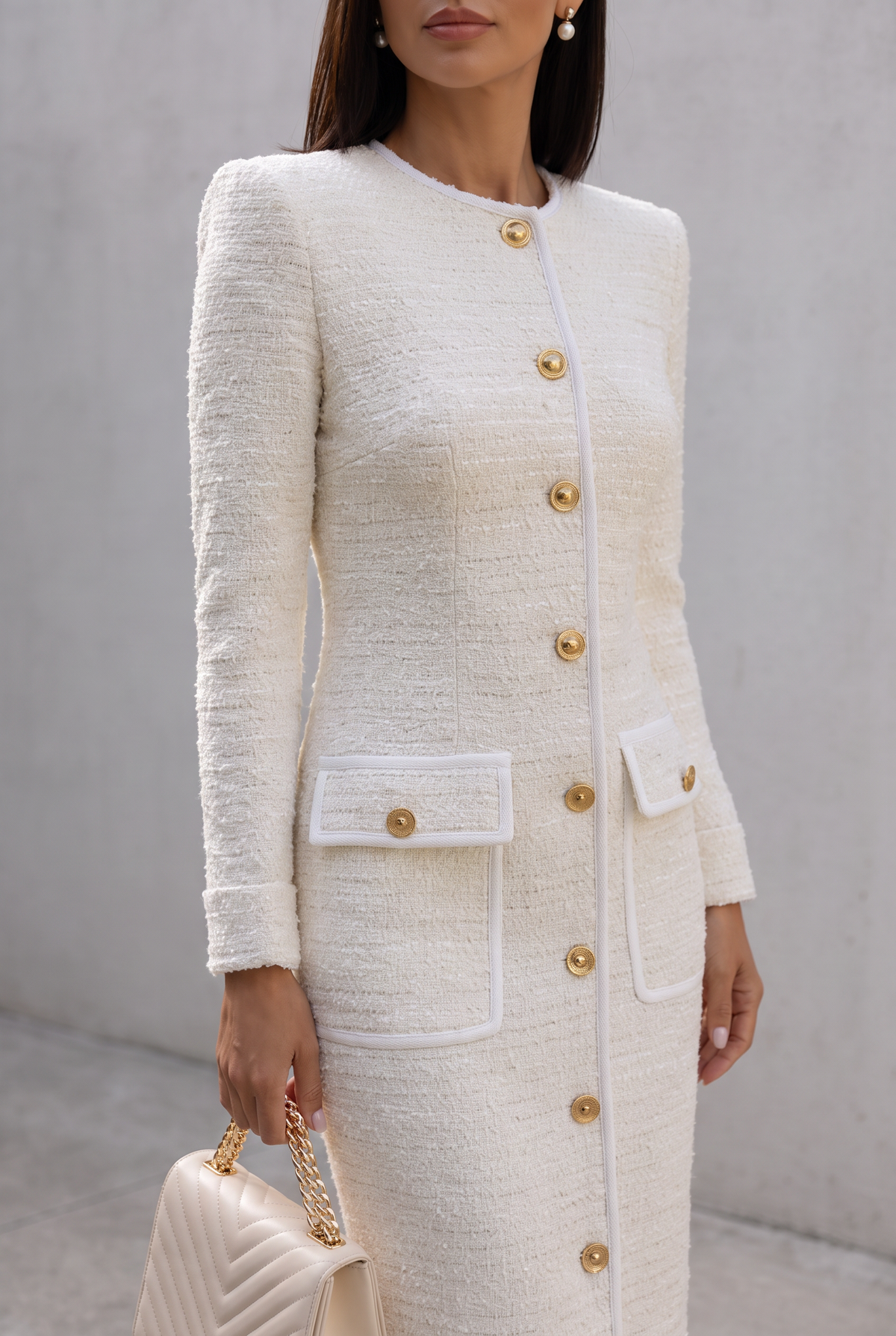 Ivory Tweed Button-Down With Patch Pockets - Midi Dress