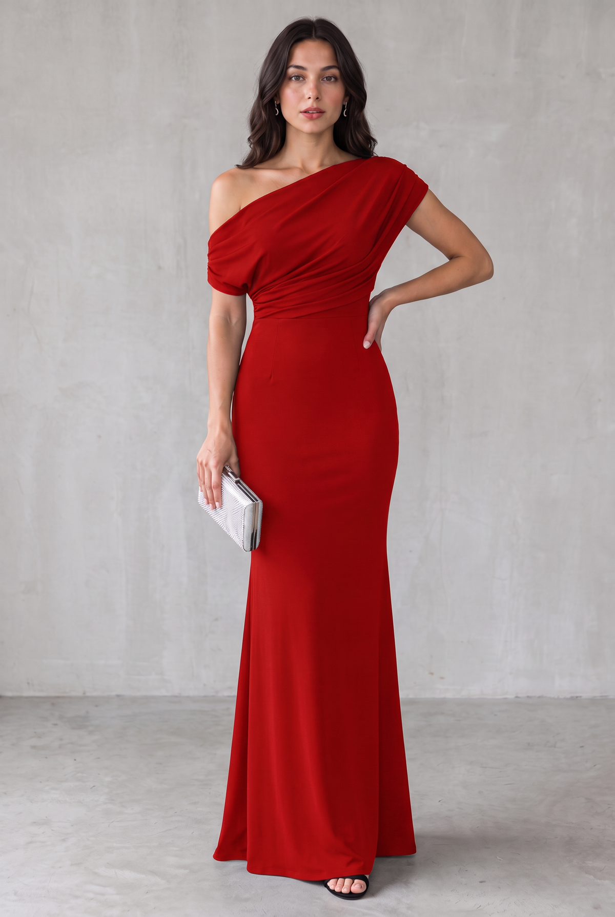 One-Shoulder Maxi Party Dress For Women - Red