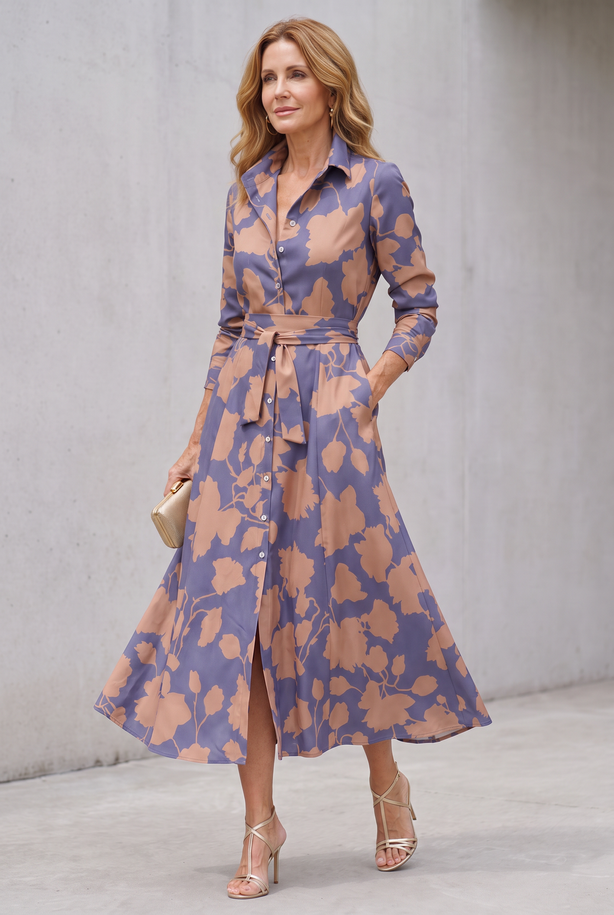 Samaria Midi Dress with Buttons and Floral Collar
