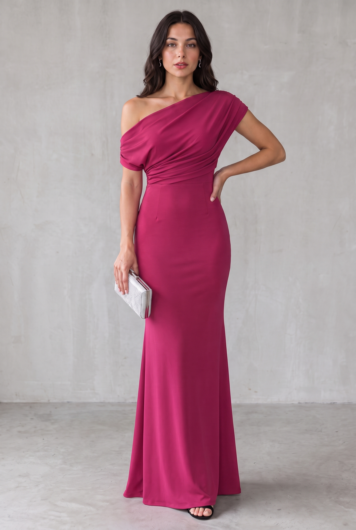One-Shoulder Maxi Party Dress For Women - Rose Red