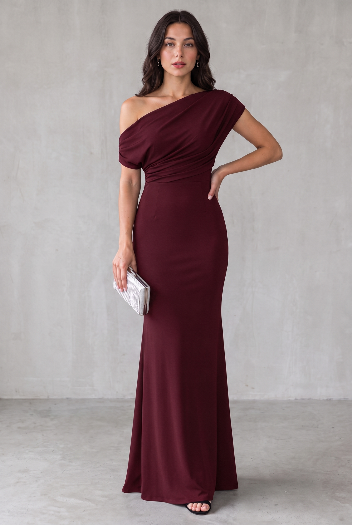 One-Shoulder Maxi Party Dress For Women - Wine Red