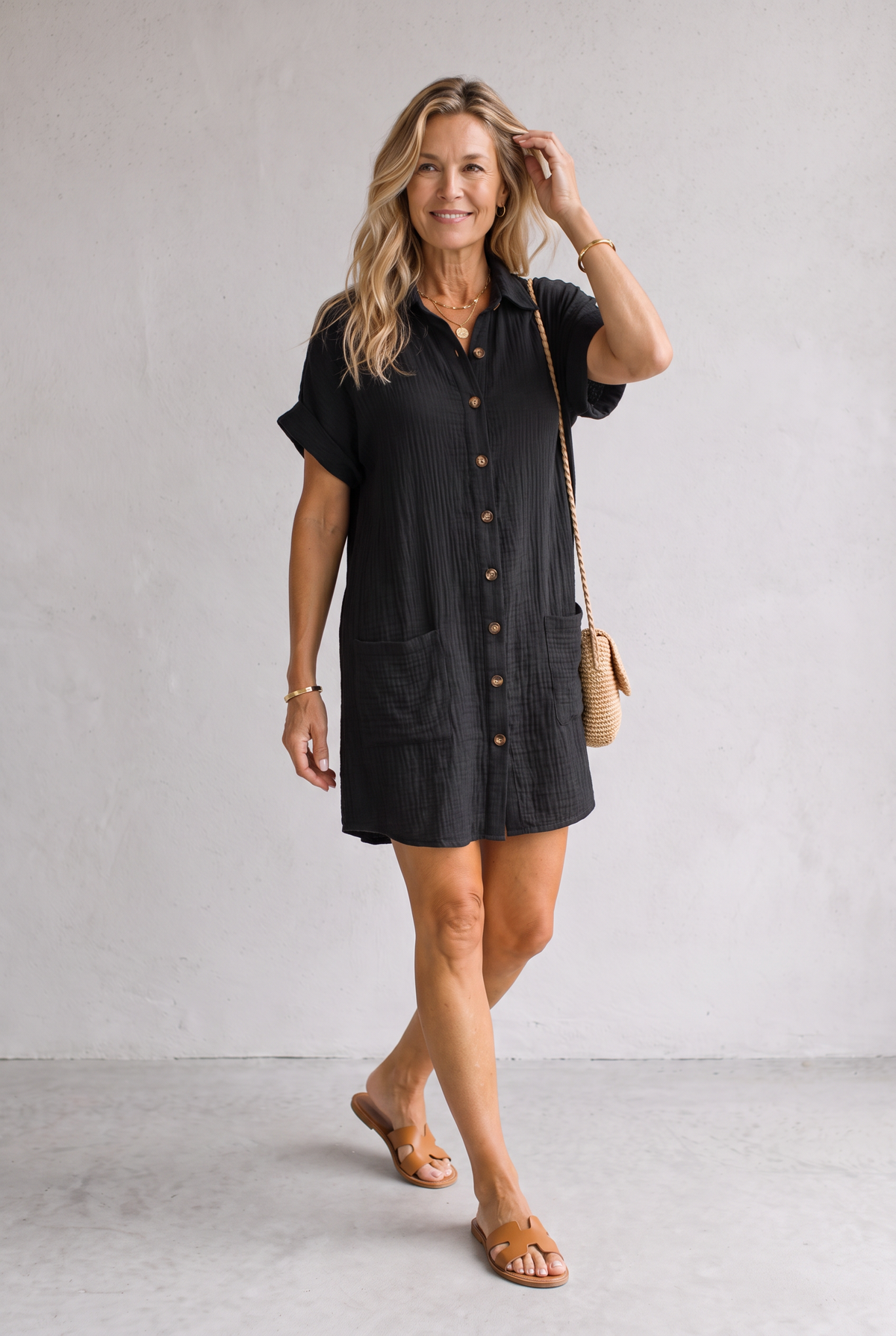 Linen Look Shirt Mini Dress For Women