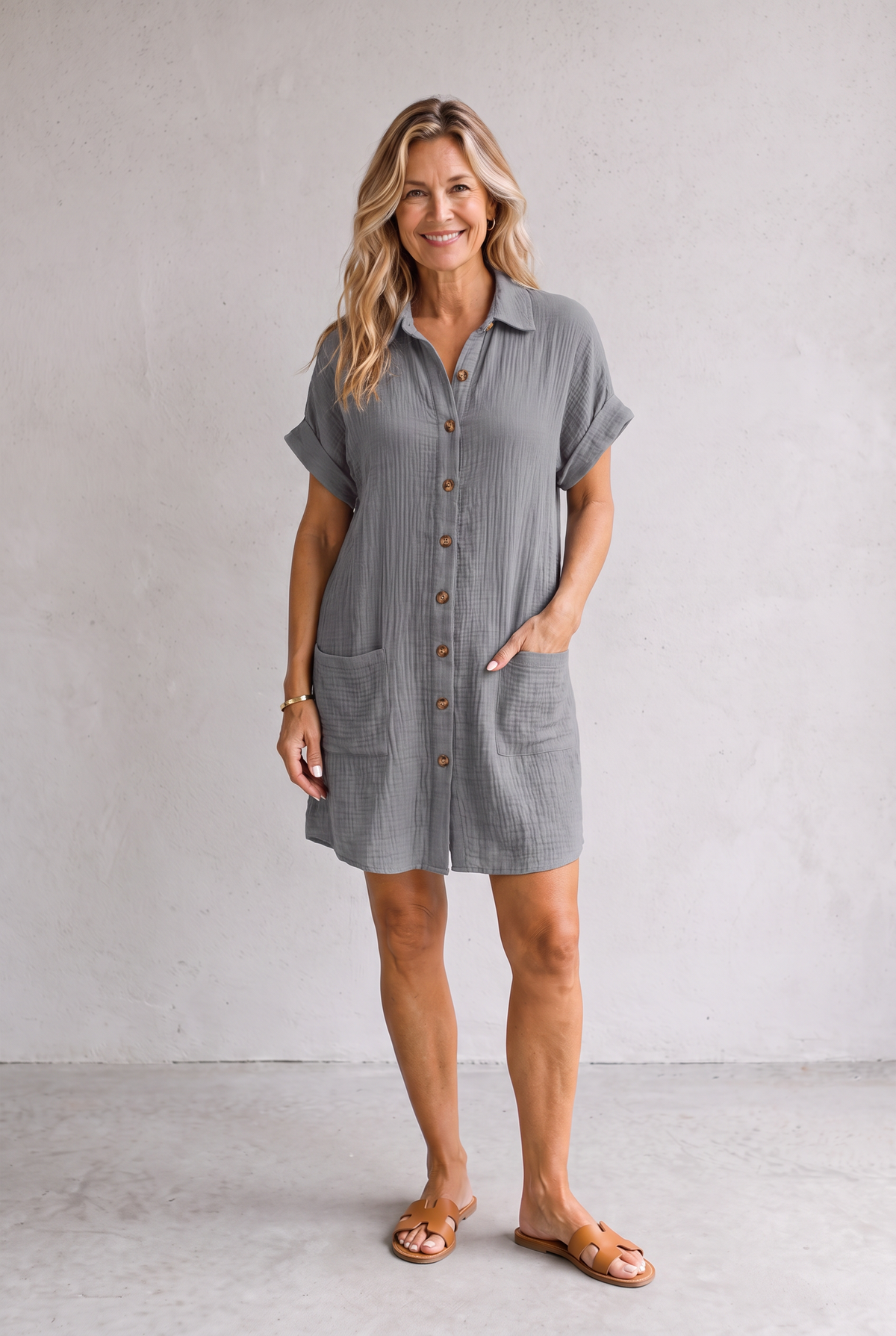 Linen Look Shirt Mini Dress For Women - Grey