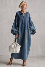 Elegant Urban-style Blue Denim Button-down Maxi Dress
