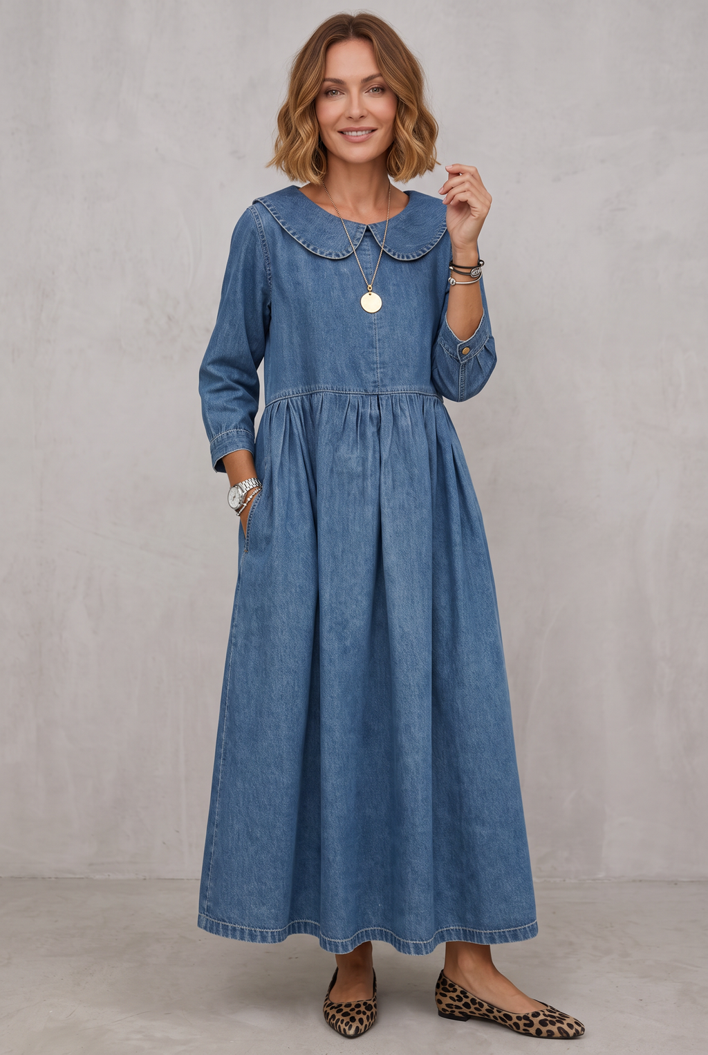 Classic Denim Dress with a Soft Rounded Collar