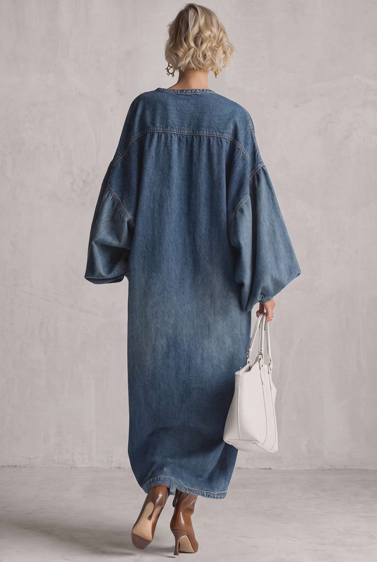 Elegant Urban-style Blue Denim Button-down Maxi Dress