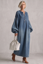 Elegant Urban-style Blue Denim Button-down Maxi Dress