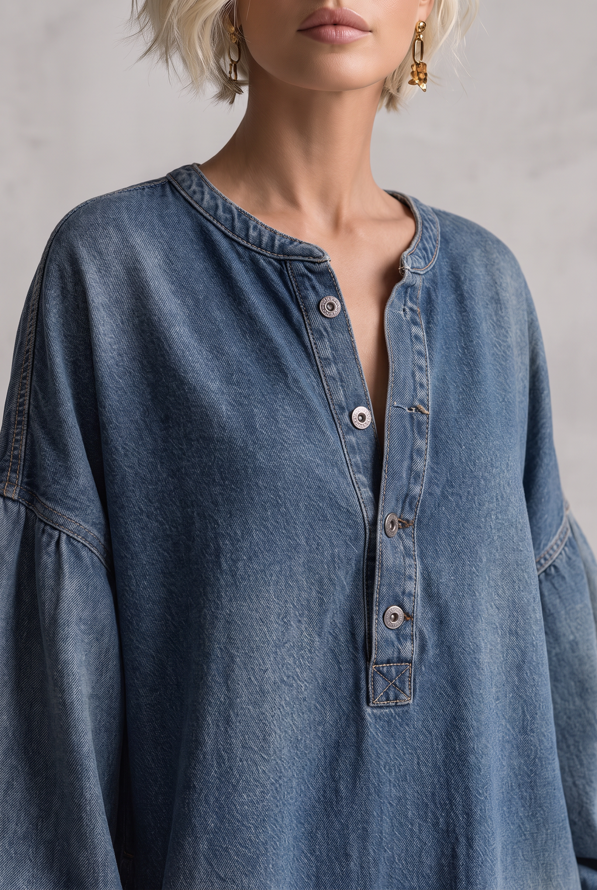 Elegant Urban-style Blue Denim Button-down Maxi Dress