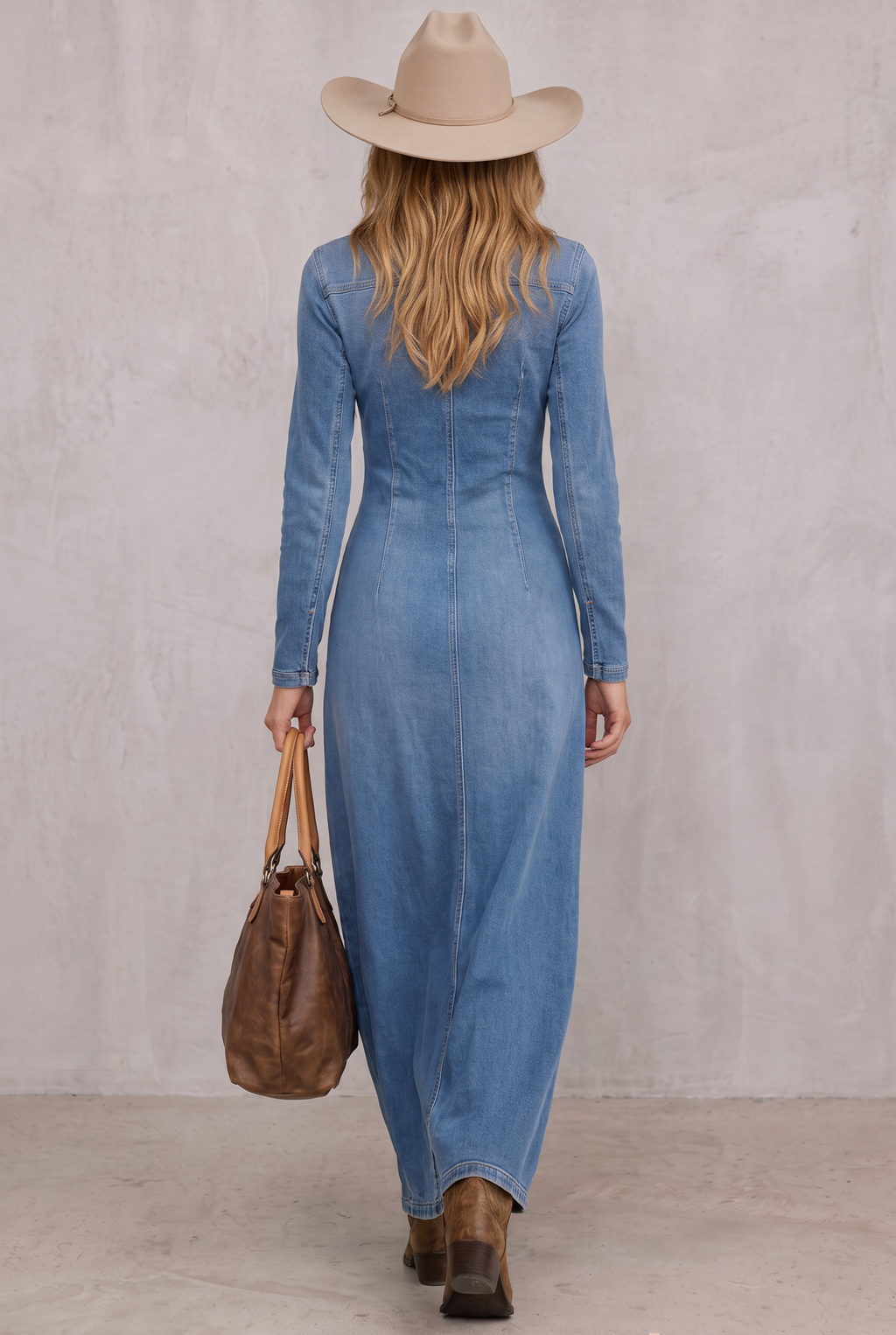 V-neck Single-breasted Side-slit Denim Long-sleeved Maxi Dress