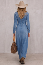 V-neck Single-breasted Side-slit Denim Long-sleeved Maxi Dress