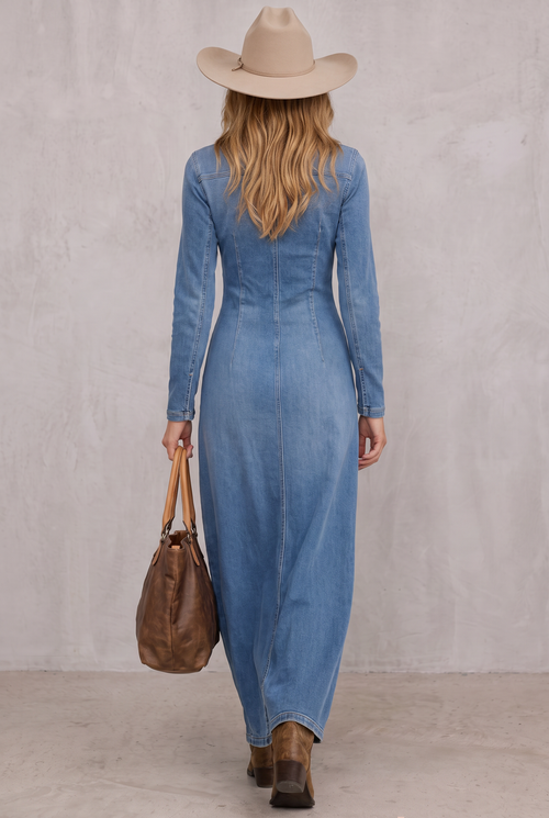 V-neck Single-breasted Side-slit Denim Long-sleeved Maxi Dress