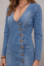 V-neck Single-breasted Side-slit Denim Long-sleeved Maxi Dress