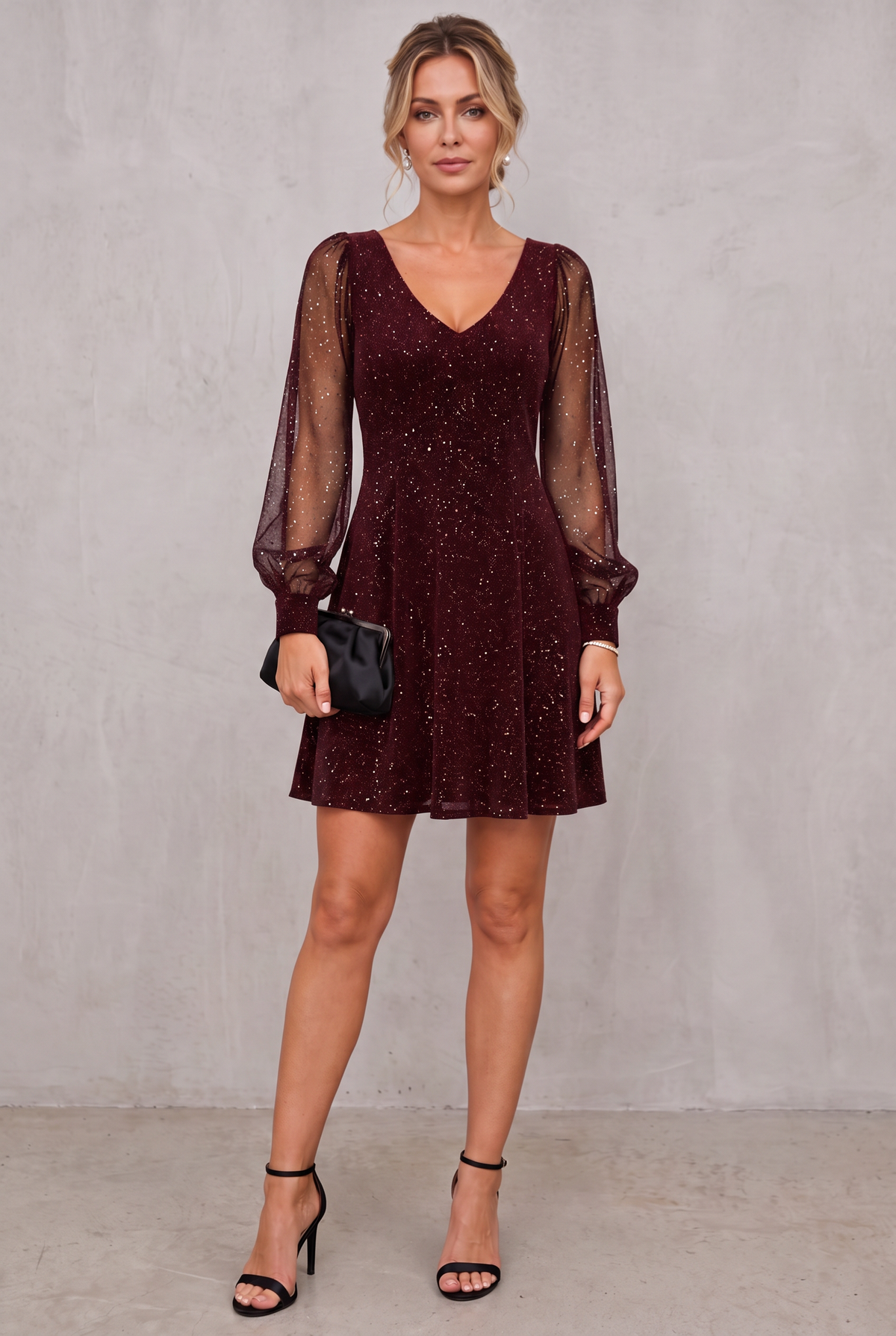 Cocktail Dress With Sheer Sleeves For Women - Wine Red