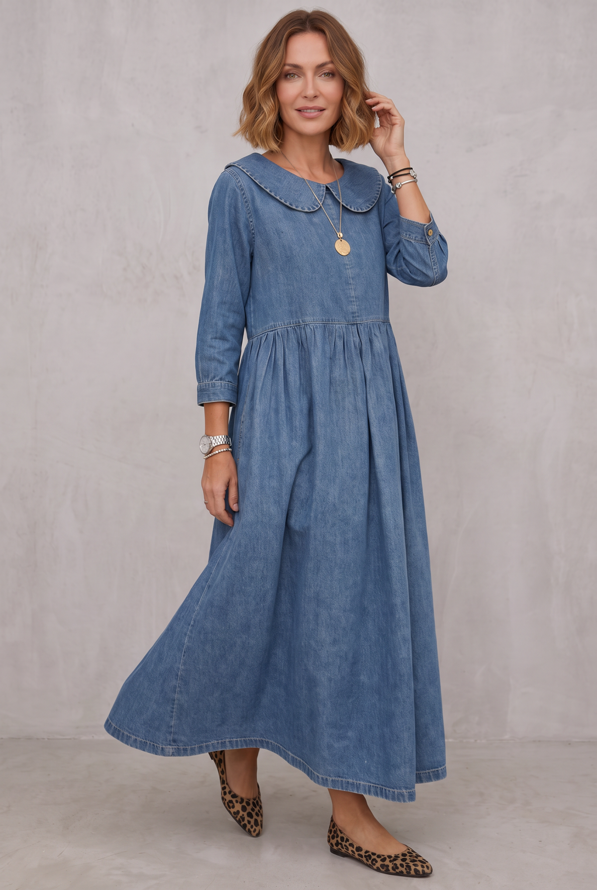 Classic Denim Dress with a Soft Rounded Collar