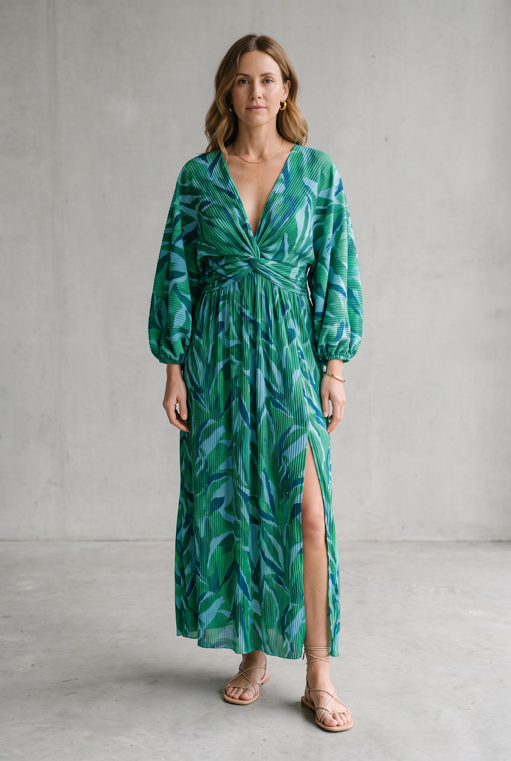 Pleated V-Neck Maxi Dress For Women