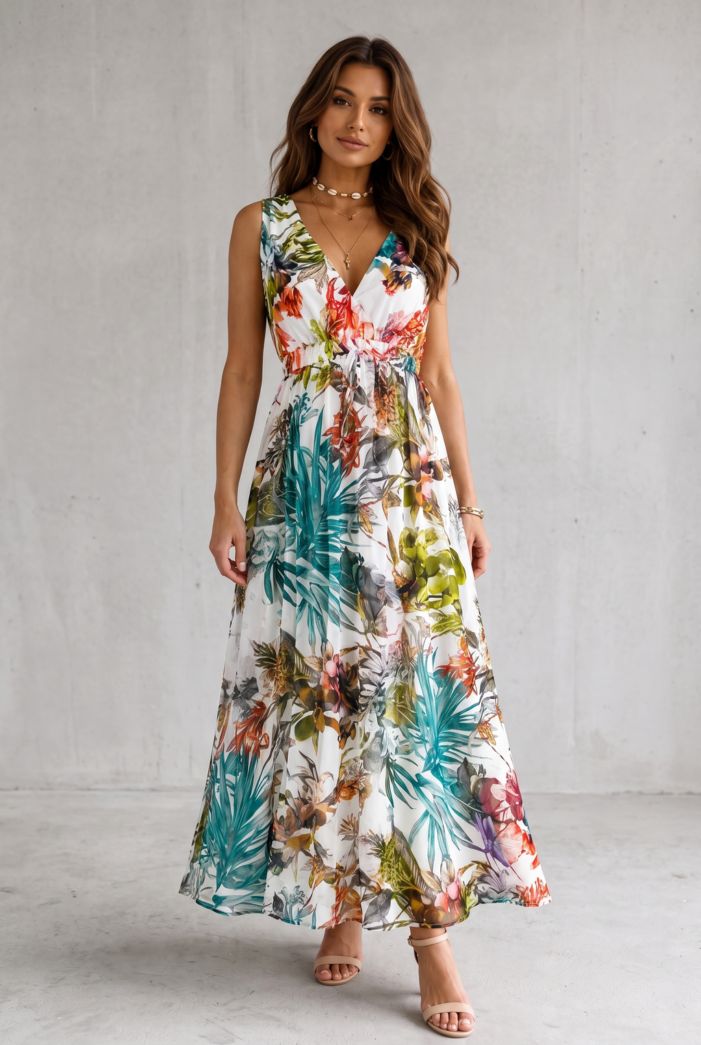 Tropical Floral V-Neck Maxi Dress For Women
