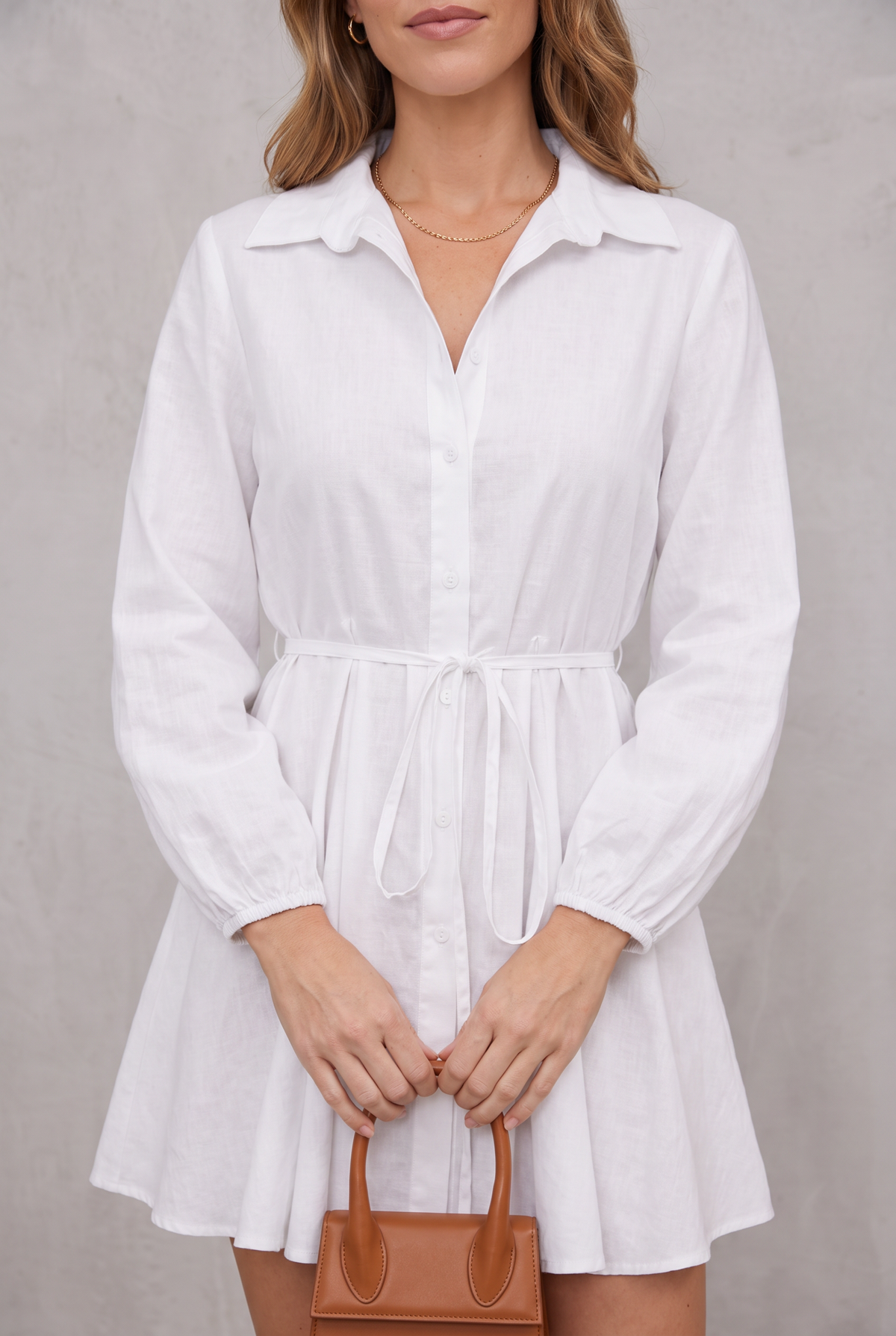 White Puff Sleeve Shirt Dress For Women