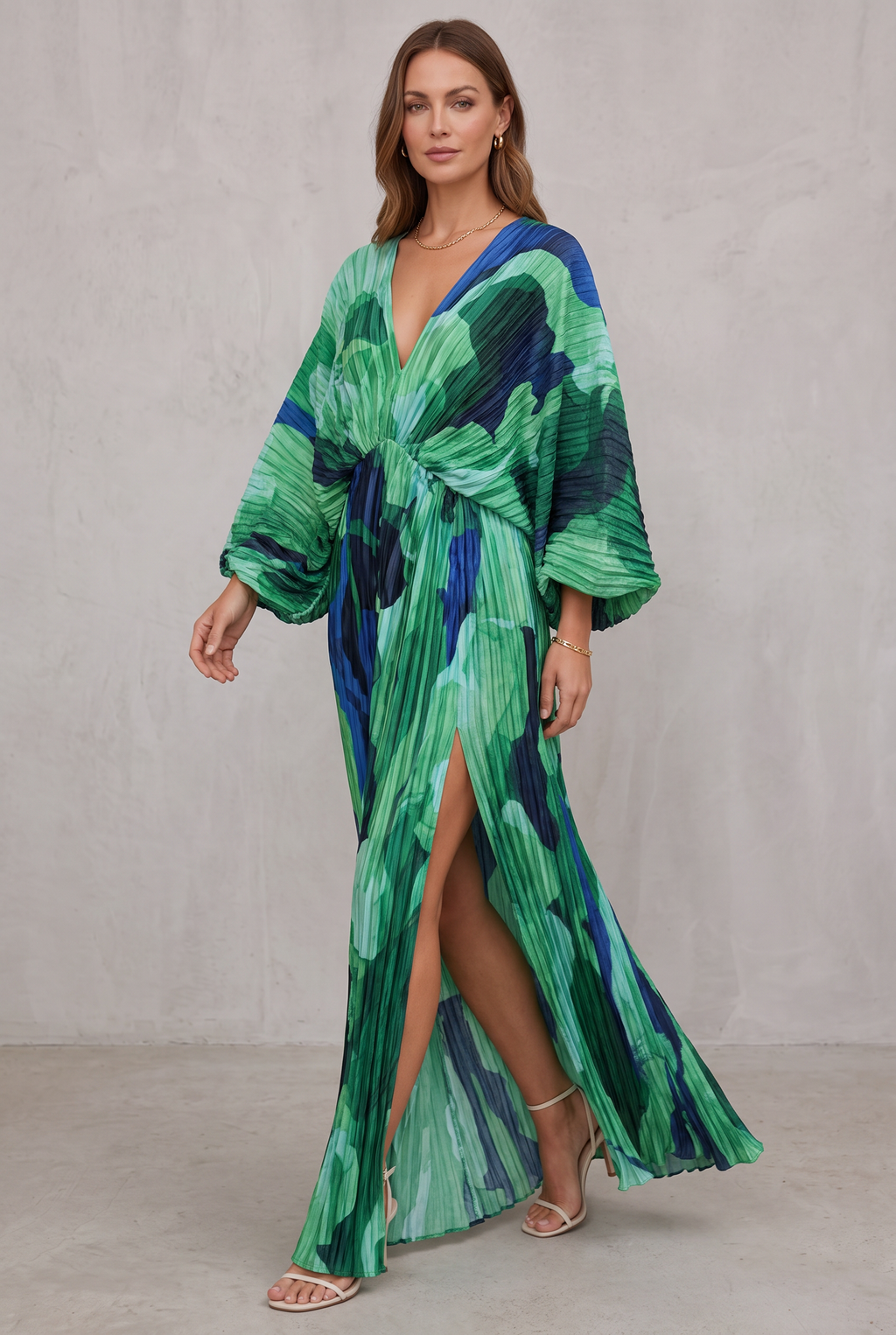 Pleated V-Neck Maxi Dress For Women