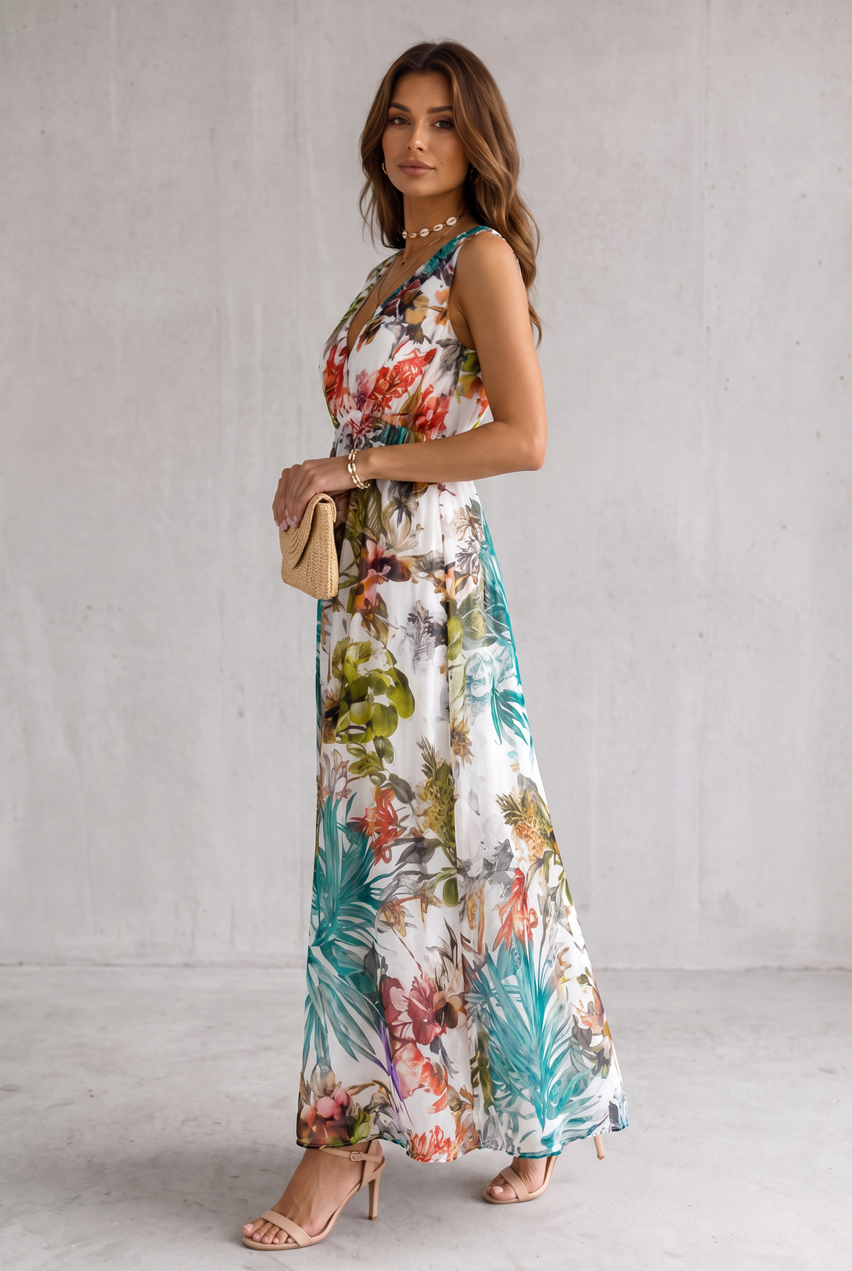 Tropical Floral V-Neck Maxi Dress For Women