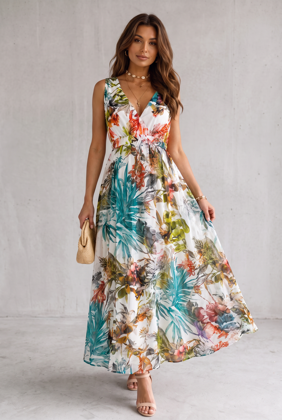 Tropical Floral V-Neck Maxi Dress For Women
