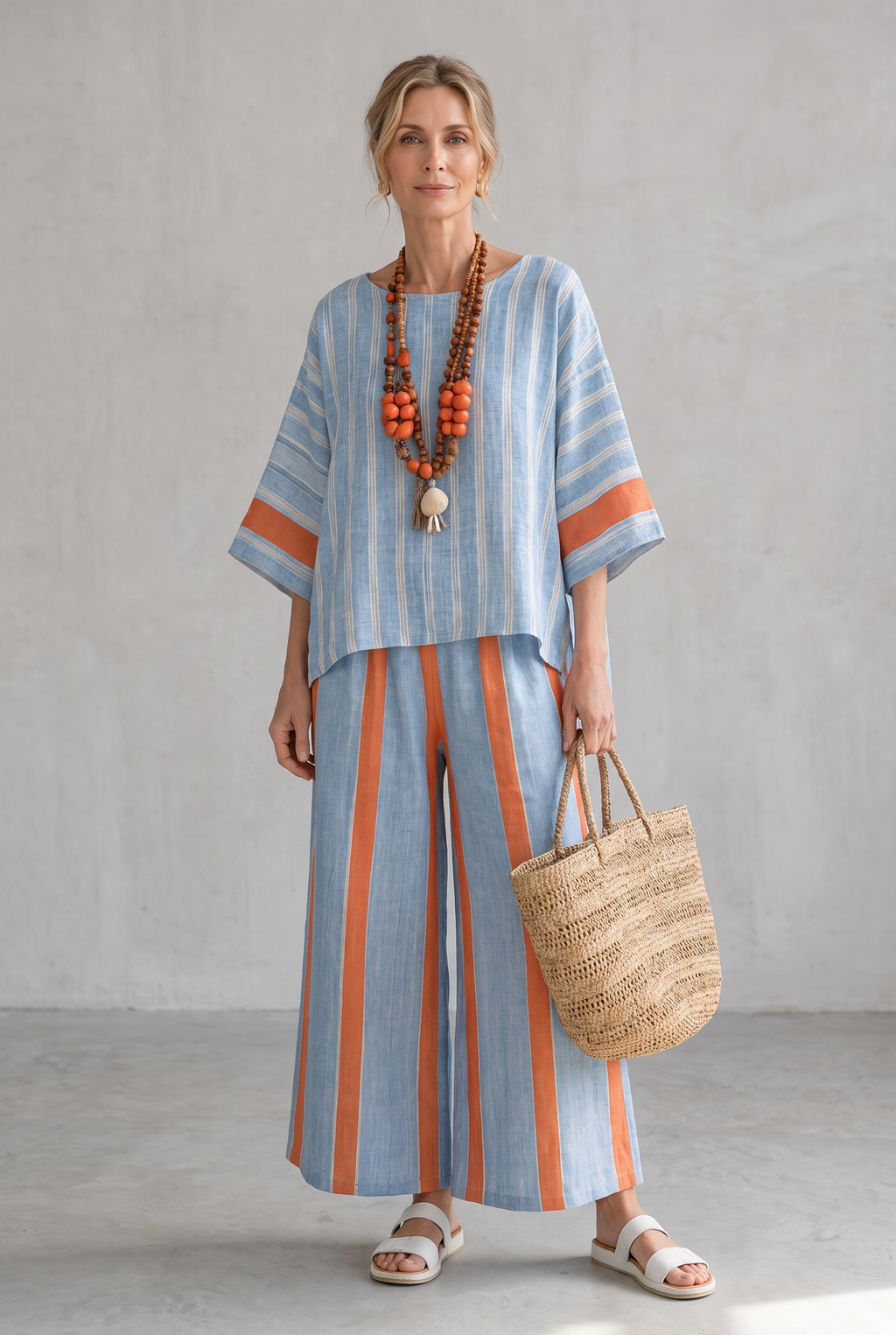 Striped Linen Look Two-Piece Set For Women