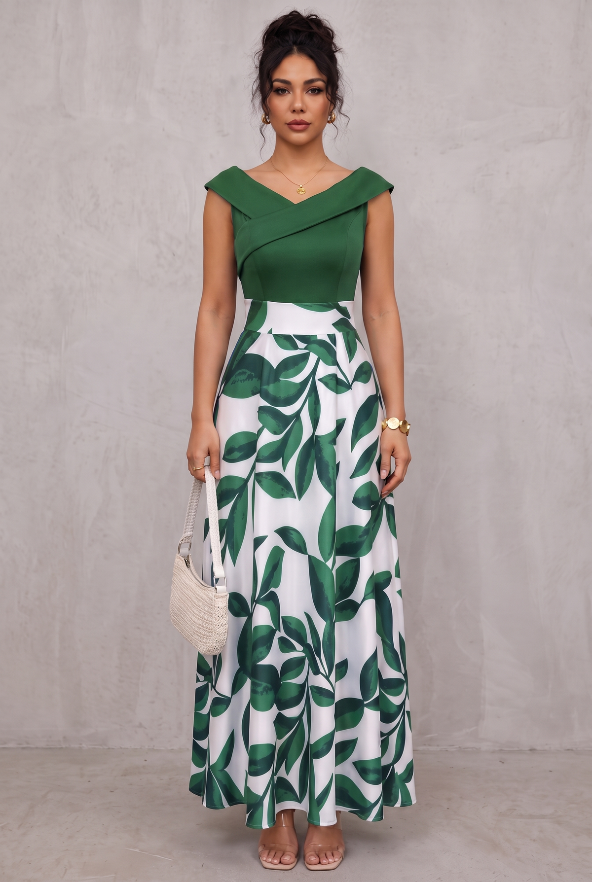 Printed V-Neck Maxi Dress For Women - Green