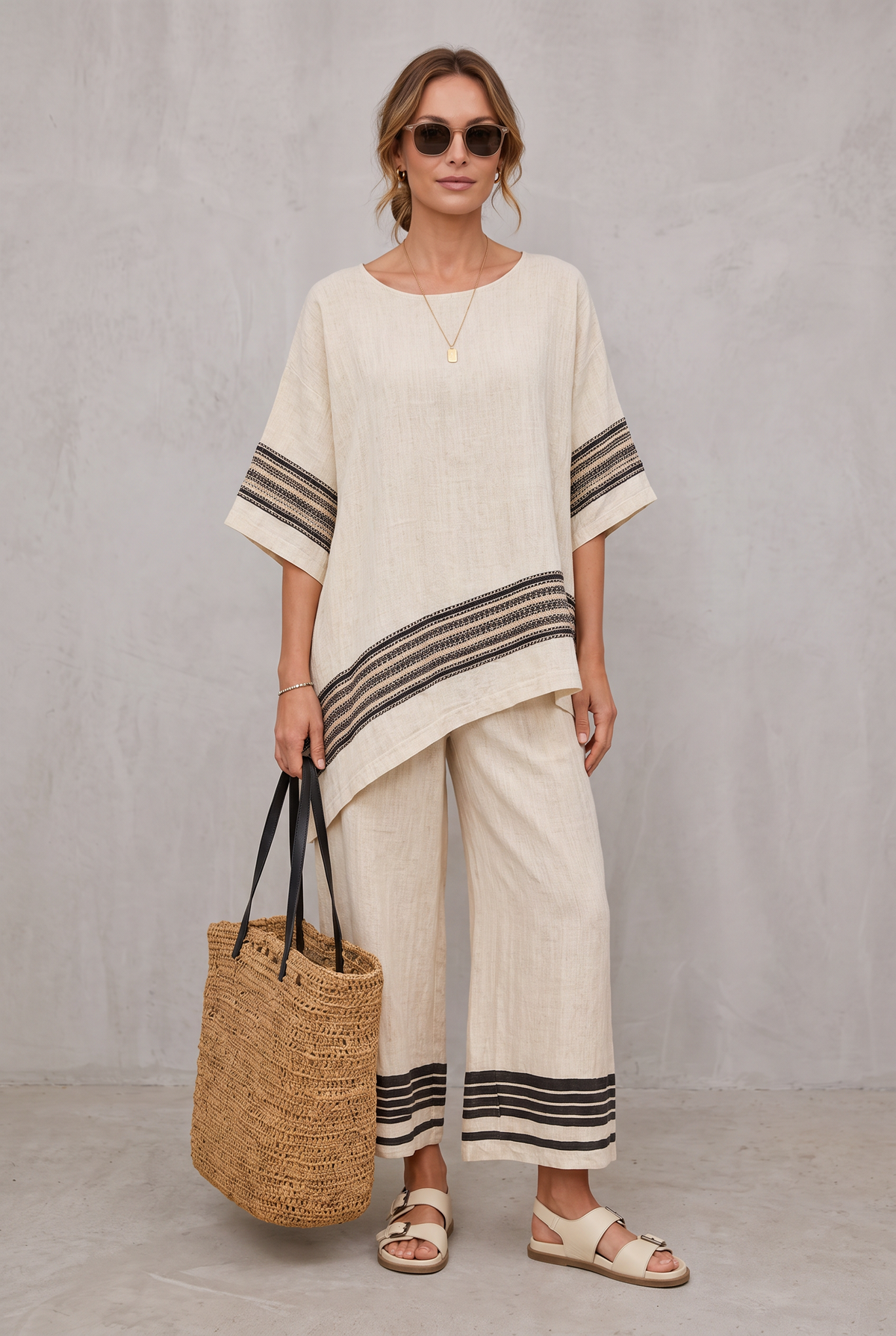 Striped Linen Look Two-Piece Set For Women