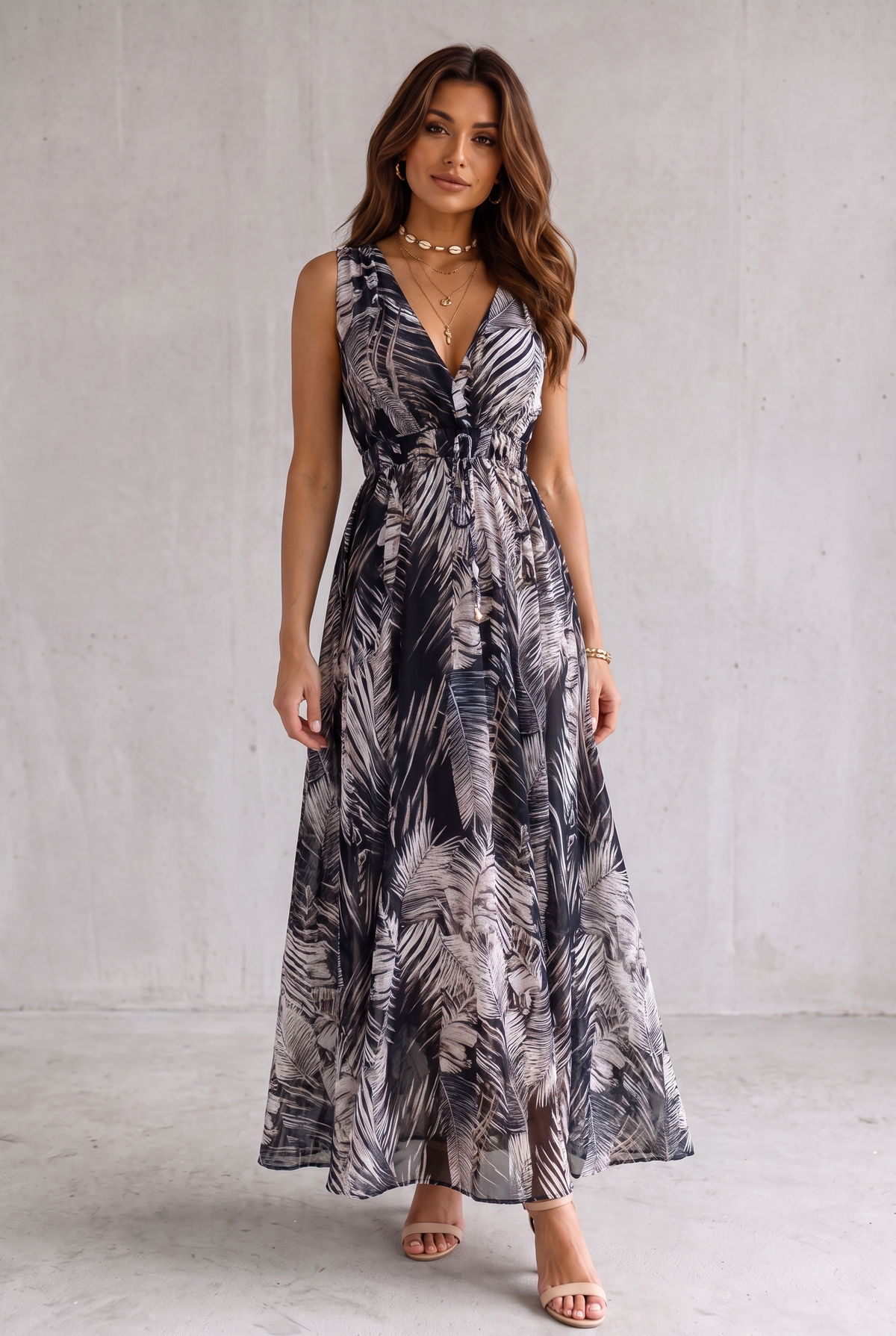 Tropical Floral V-Neck Maxi Dress For Women - Black