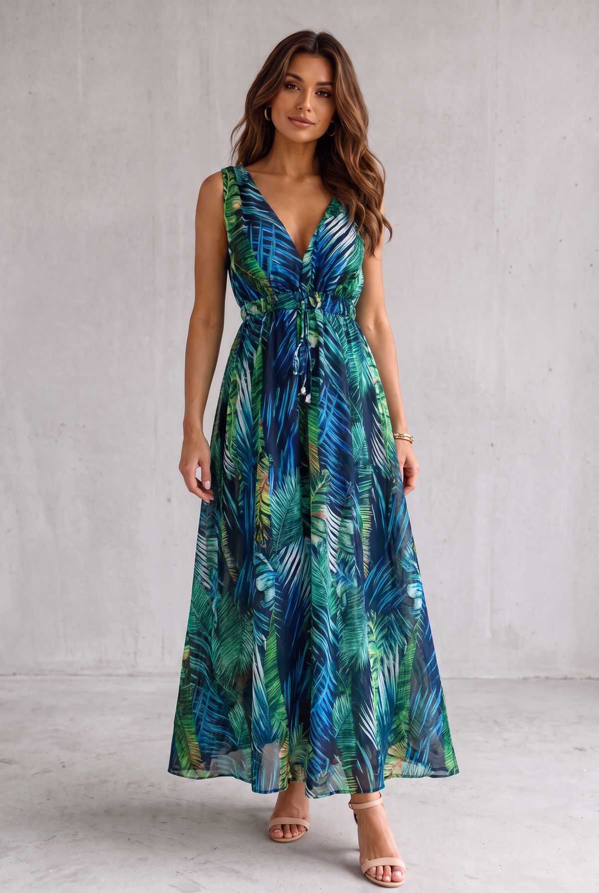 Tropical Floral V-Neck Maxi Dress For Women - Green