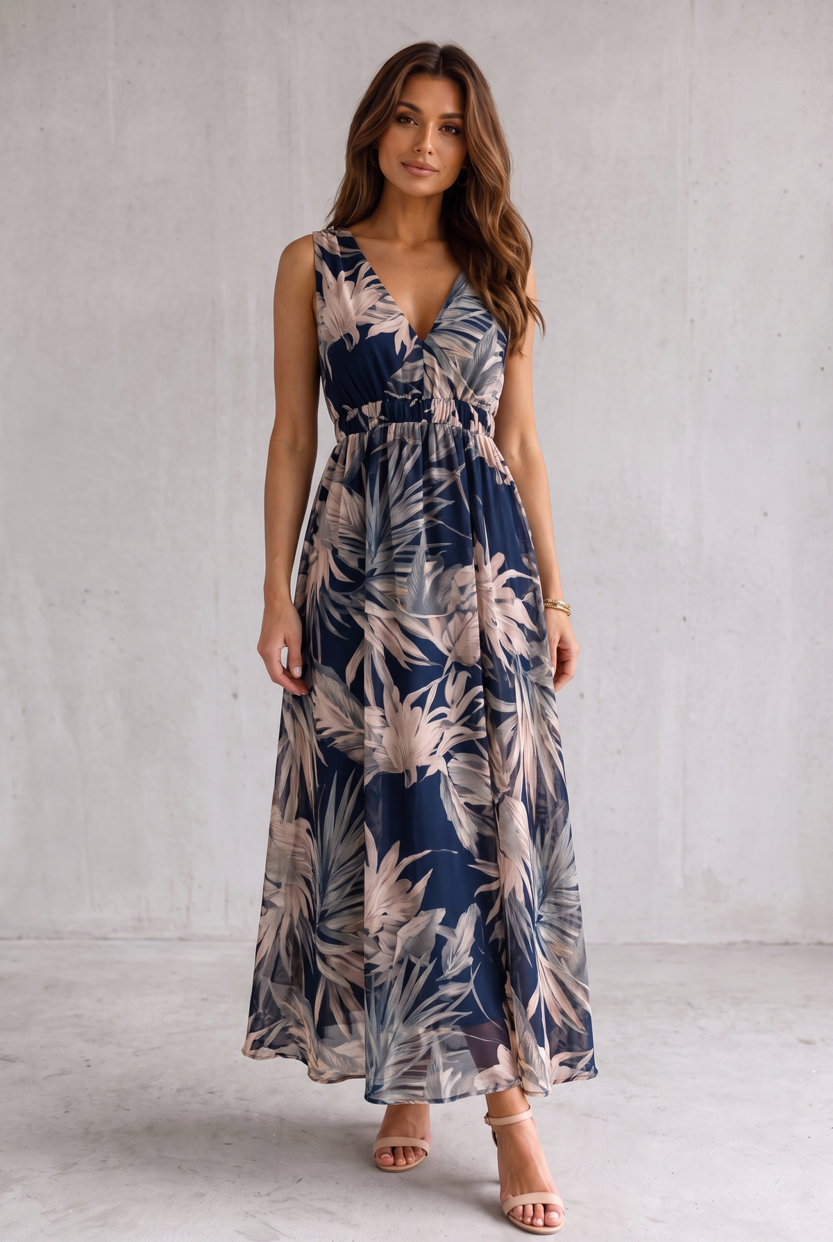 Tropical Floral V-Neck Maxi Dress For Women - Navy